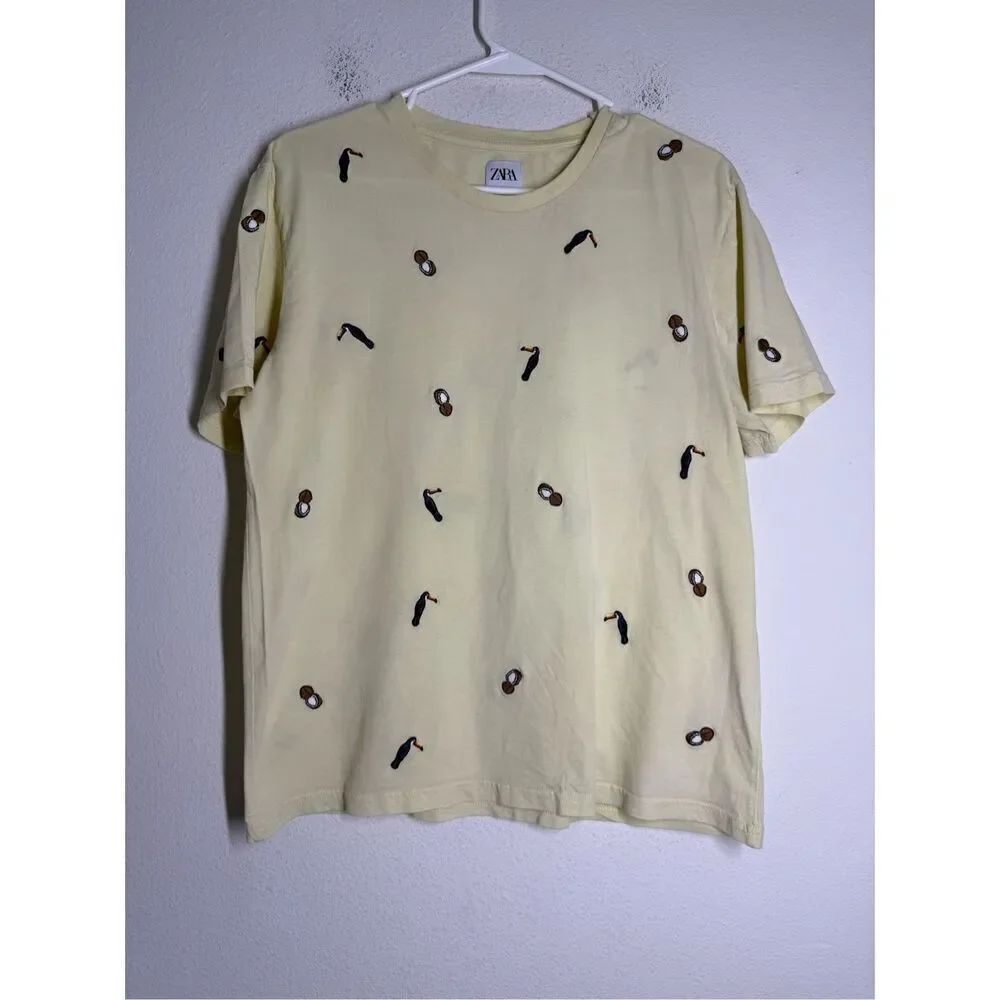 Rare Zara Men’s Cotton Embroidered Birds T-shirt Yellow Size M